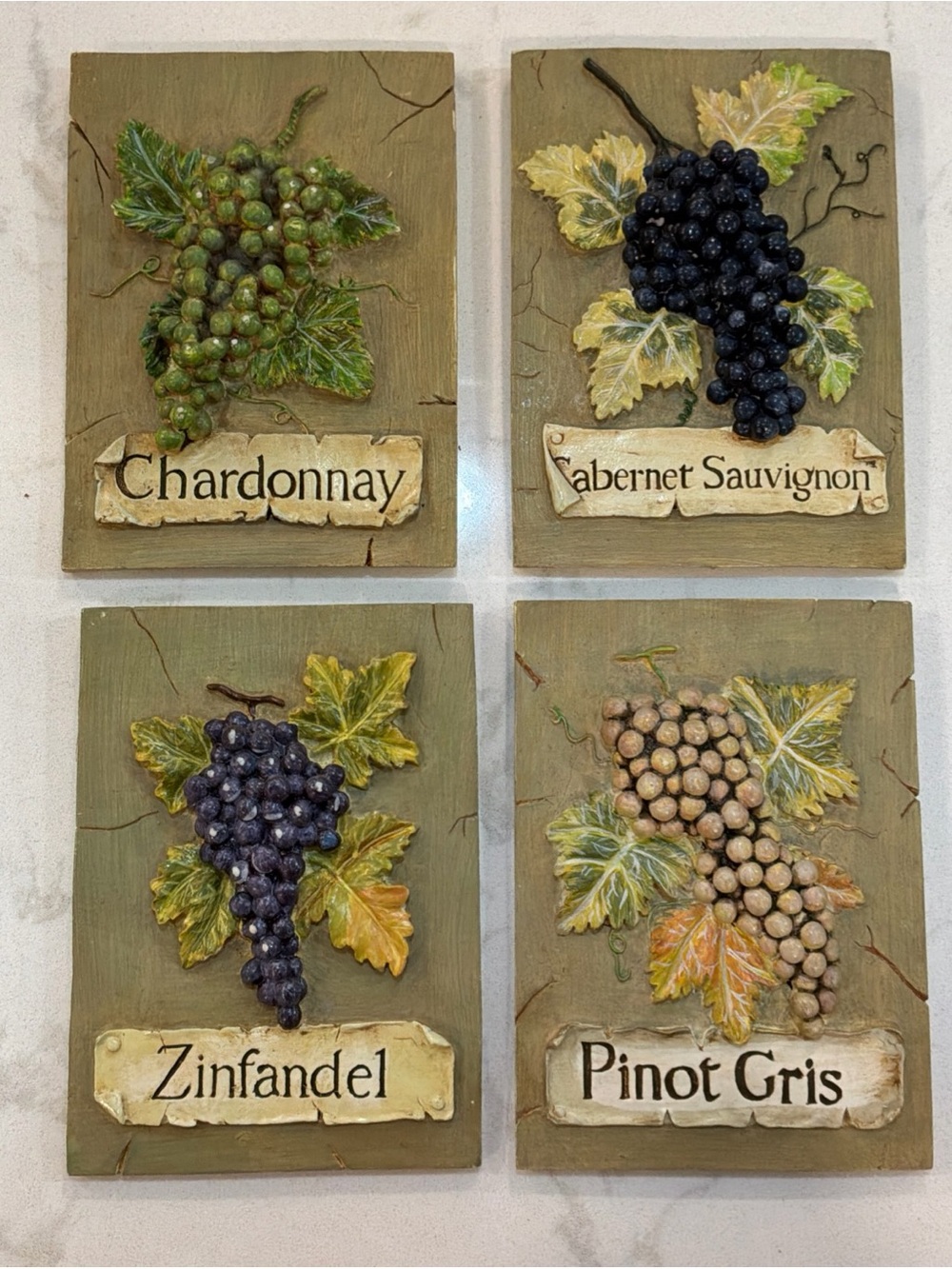 Set of 4 Resin 3D Wine Types and Grapes Wall Hanging Plaques 5’7”